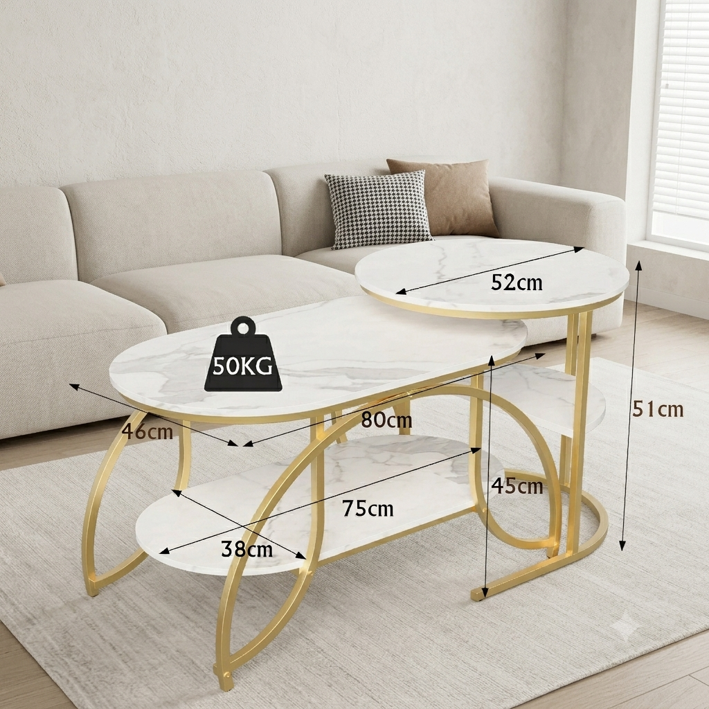 Salontafel - 2-Delig - Marmerlook Tafelblad - Gouden Frame