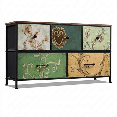 Houten Kast - 5-Trekker - Zwart Frame - Vintage Textuur Effect