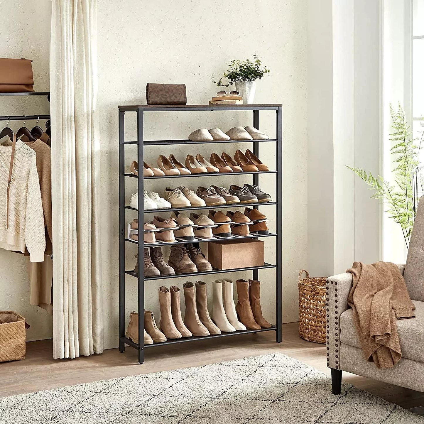In And OutdoorMatch Carolanne - schoenenstandaard - 32-40 paar schoenen - opbergrek - 100 x 30 x 152 cm - vintage bruin zwart shoe rack