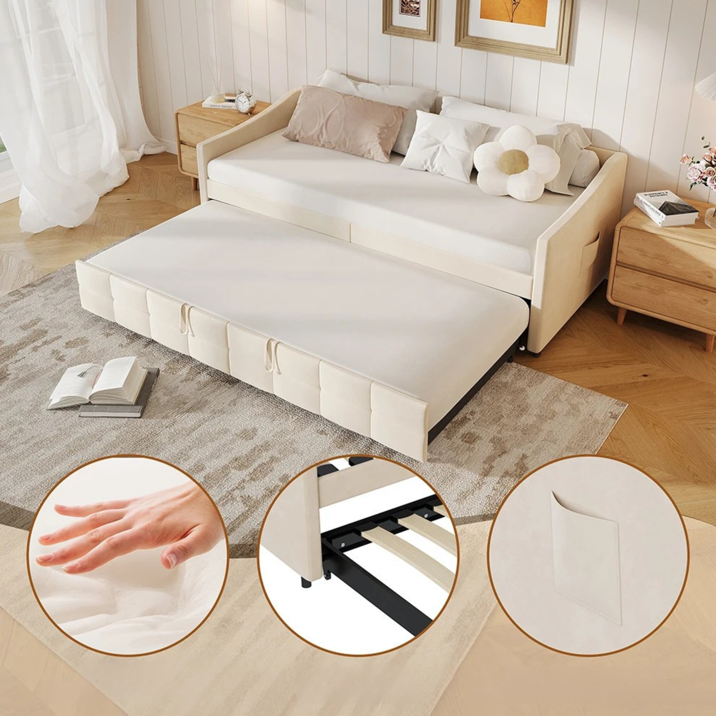 Velvet Sofa Bed - 90x200cm - Crème