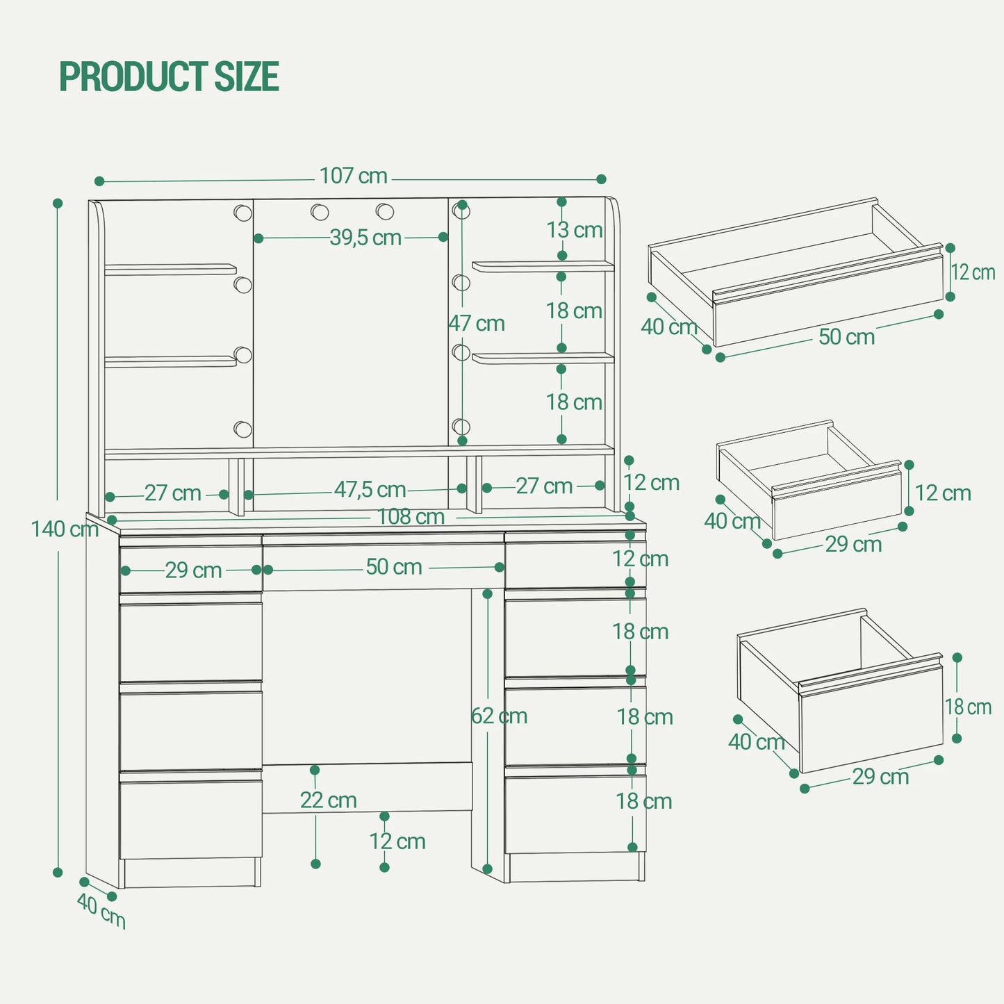 Dressing Table with 10 LED Light Balls,Adjustable Brightness,Large HD Mirror,1 Large Drawer and 8 Small Drawer Cabinets