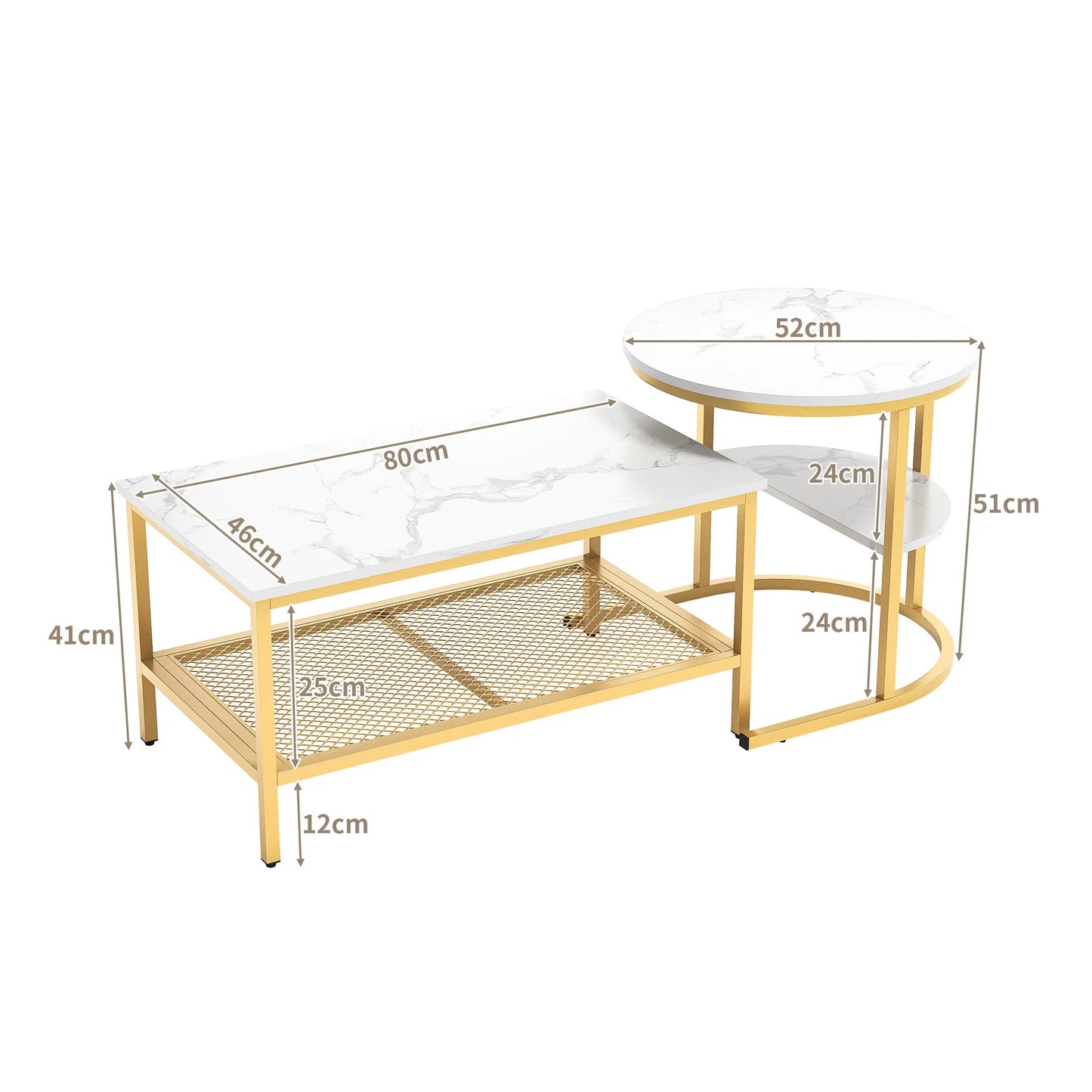 Salontafel Set - 2-Delig - Rond En Rechthoekig - Wit En Goud
