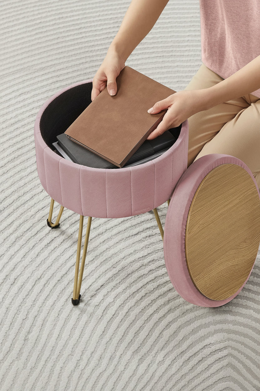 Velvet Opbergpoef met 4 Metalen Poten – Comfortabele Kruk voor Slaapkamer en Woonkamer