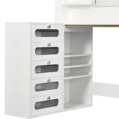 Houten L-vormige Kaptafel Set - Spiegel, LED-verlichting met 3 Lichtmodi, 5 Laden & Houten Kruk