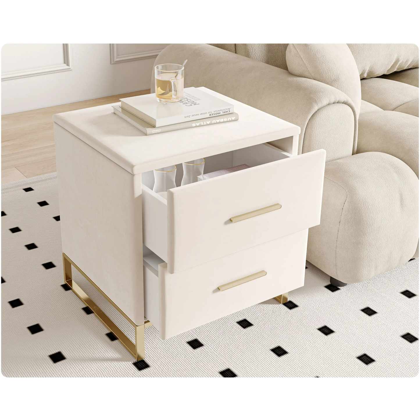 Nachtkastjes - Set van 2 - Velours bekleding - Gebroken Wit