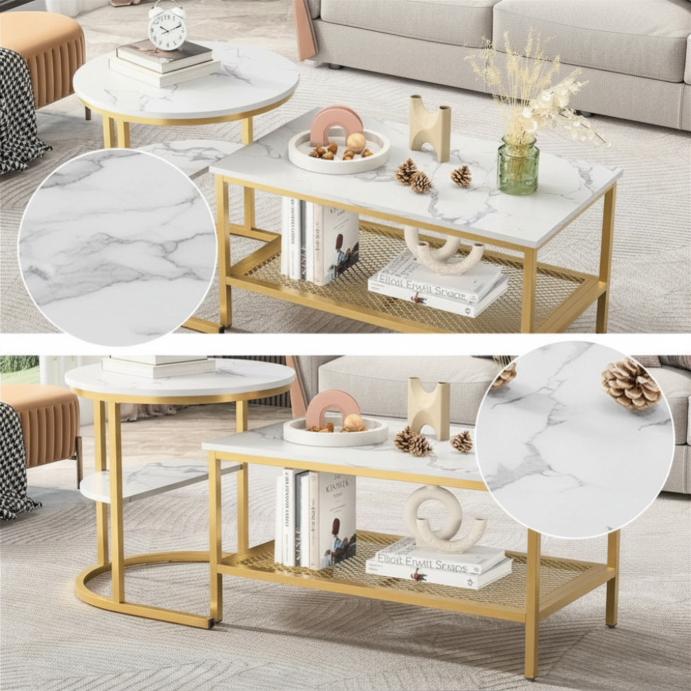 Salontafel Set - 2-Delig - Rond En Rechthoekig - Zwart En Wit