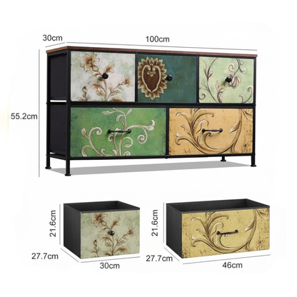 Houten Kast - 5-Trekker - Zwart Frame - Vintage Textuur Effect