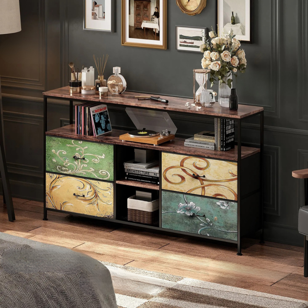 Houten TV Kast - 4 Laden & 1 Open Schelf - LED Verlichting - Verstelbaar IJzeren Frame