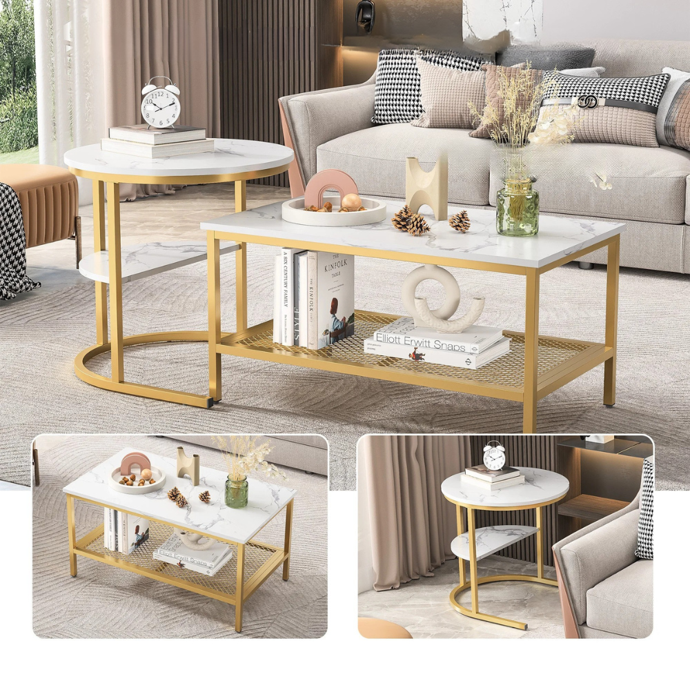 Salontafel Set - 2-Delig - Rond En Rechthoekig - Zwart En Wit