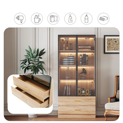Glazen Kast met LED Stripverlichting - 2 Grote Lades & 2 Deuren