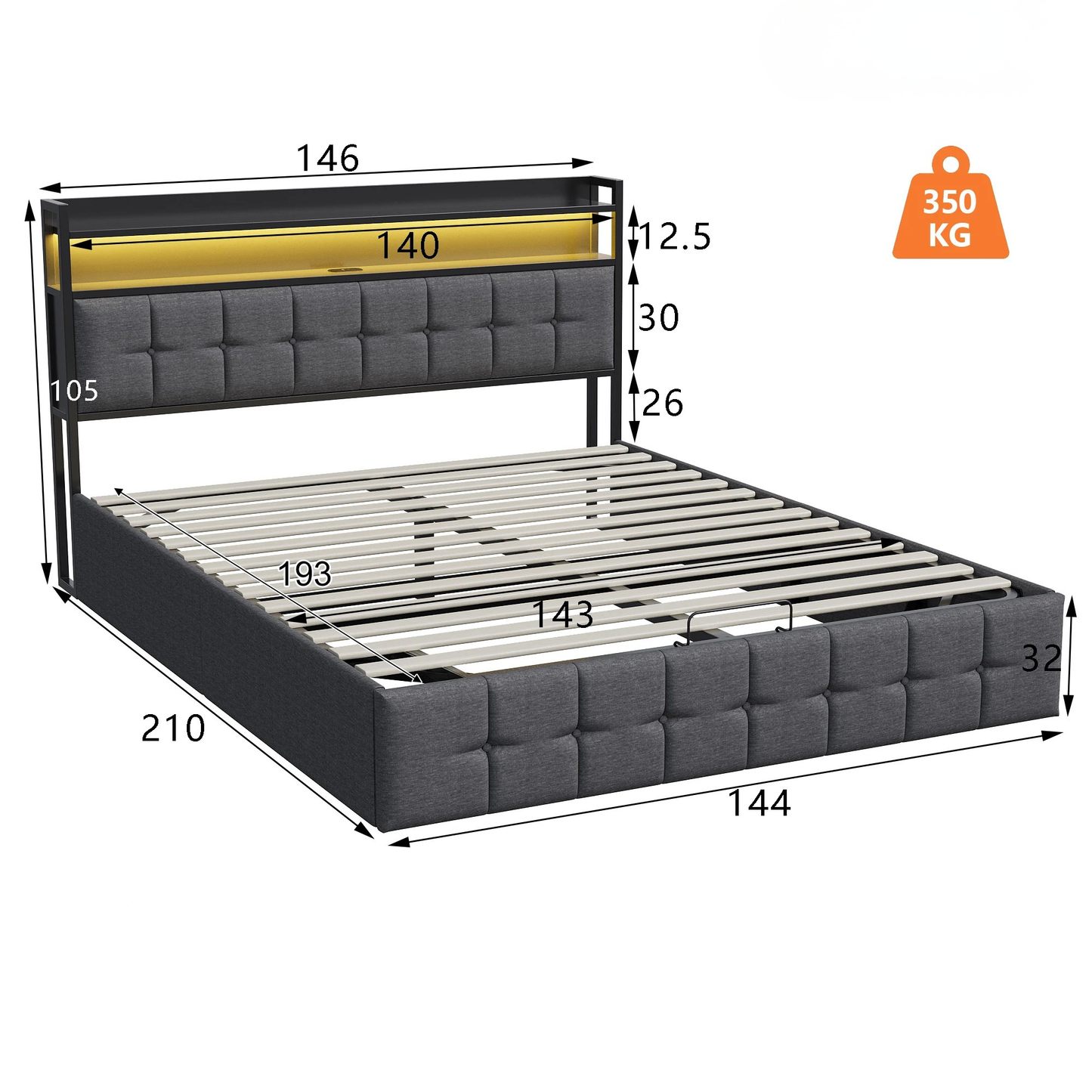 Bedframe - Opbergsysteem - 140x190cm - Met LED - Grijs