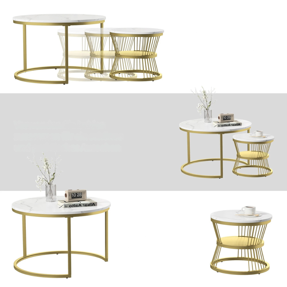 Salontafel - Wit Tafelblad - Gouden Metalen Frame - Marmerpatroon