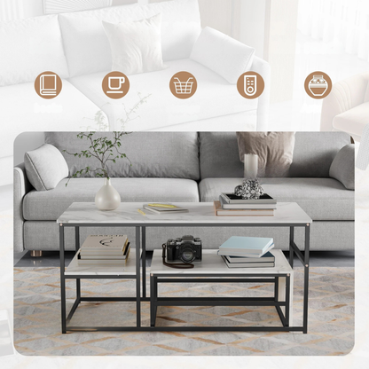 Salontafel - 2-delig - Wit Tafelblad - Zwart - Metalen Frame