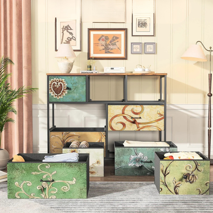 7- Delige Kast - Vintage Patroon Houten Uitstraling- Zwart Frame - Slaapkamer - Woonkamer