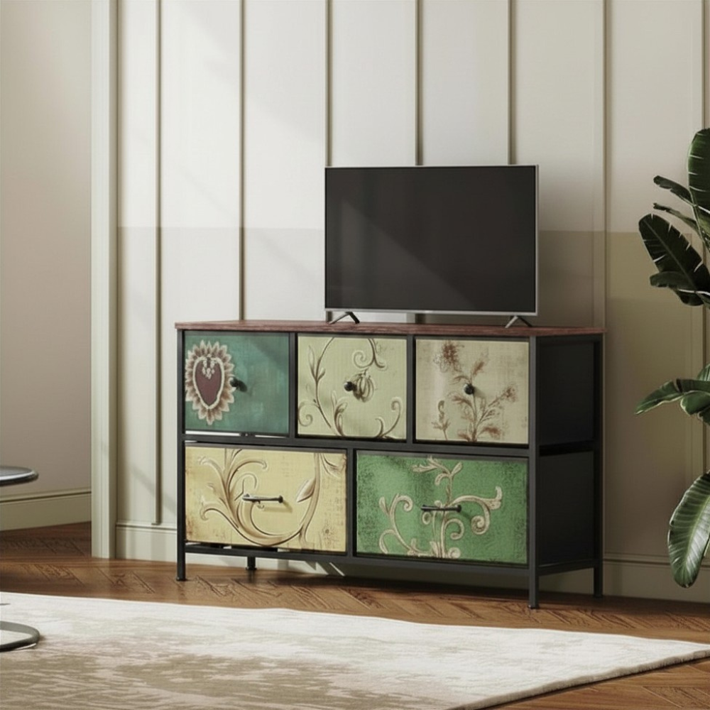 Houten Kast - 5-Trekker - Zwart Frame - Vintage Textuur Effect