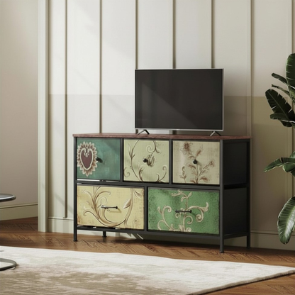 Houten Kast - 5-Trekker - Zwart Frame - Vintage Textuur Effect