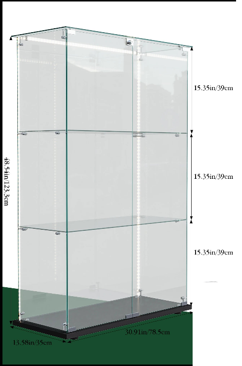 Glazen Vitrinekast - 3 Glazen Planken, Dubbele Deuren, LED-verlichting, 53 × 10 × 60 cm