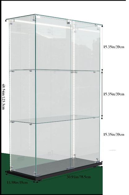 Glazen Vitrinekast - 3 Glazen Planken, Dubbele Deuren, LED-verlichting, 53 × 10 × 60 cm