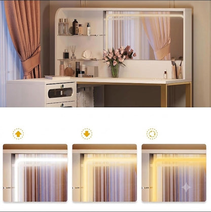 Houten L-vormige Kaptafel Set - Spiegel, LED-verlichting met 3 Lichtmodi, 5 Laden & Houten Kruk