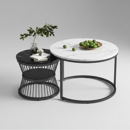 Salontafel - Wit Tafelblad - Zwarte Metalen Frame - Marmeren Patroon