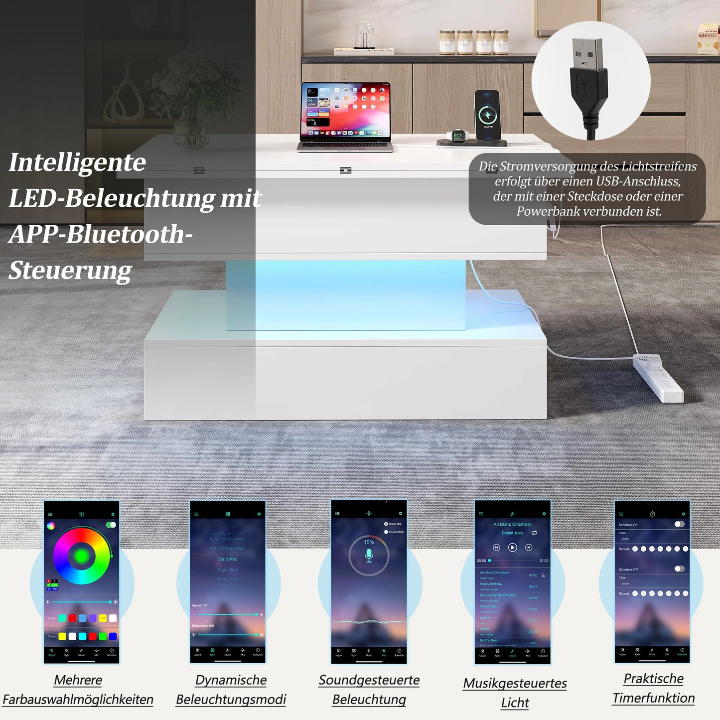 Coffee table with LED, socket & USB-C, Lift & height adjustable living room table with storage space, multifunctional sofa table & side table
