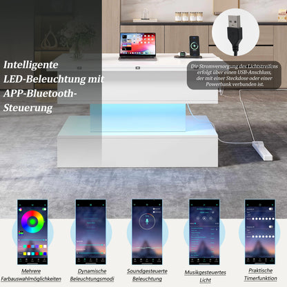Coffee table with LED, socket & USB-C, Lift & height adjustable living room table with storage space, multifunctional sofa table & side table