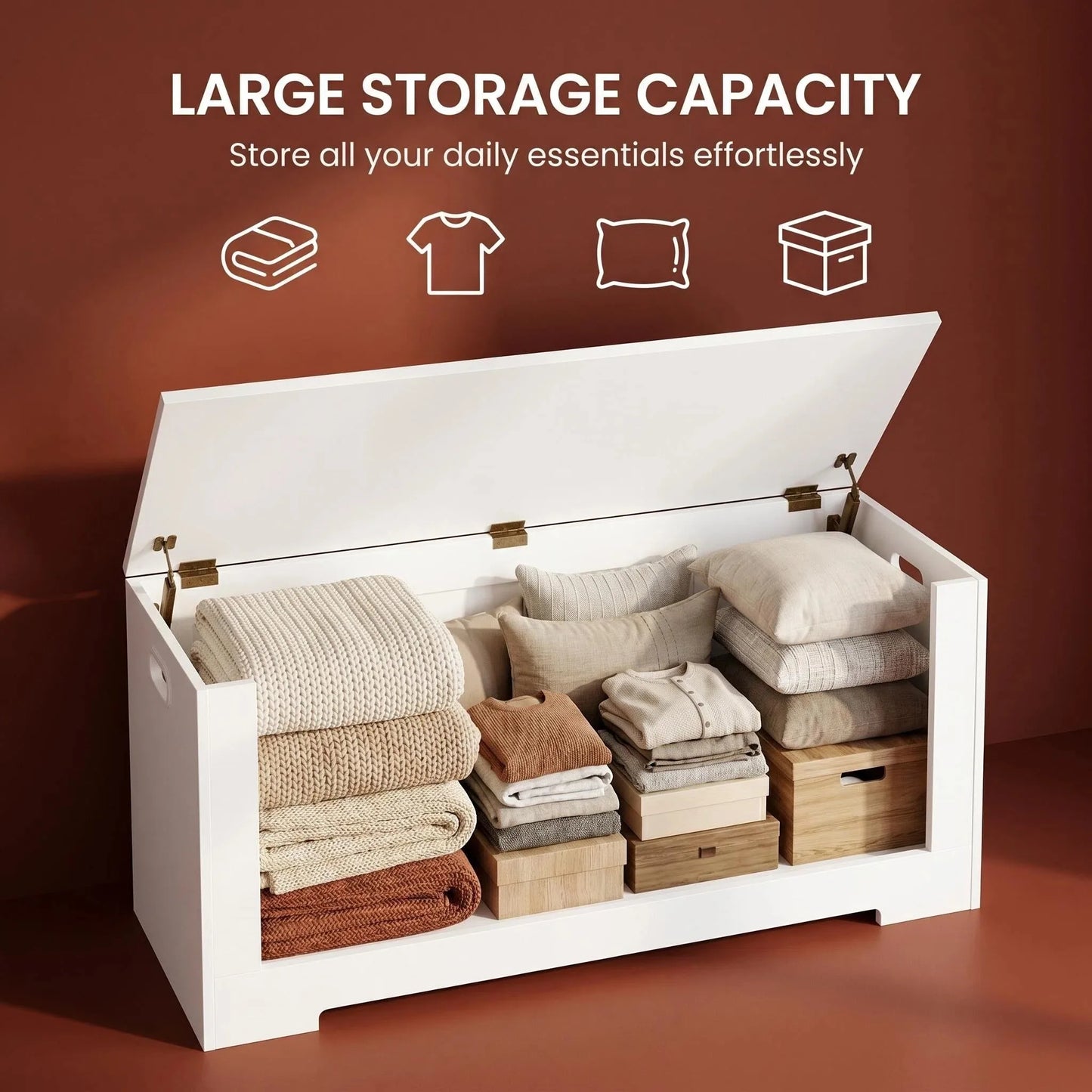 Storage Chest, Storage Trunk with 2 Safety Hinge, 100 cm Lift-Top Storage Bench, Wooden Storage Organizer for Entryway