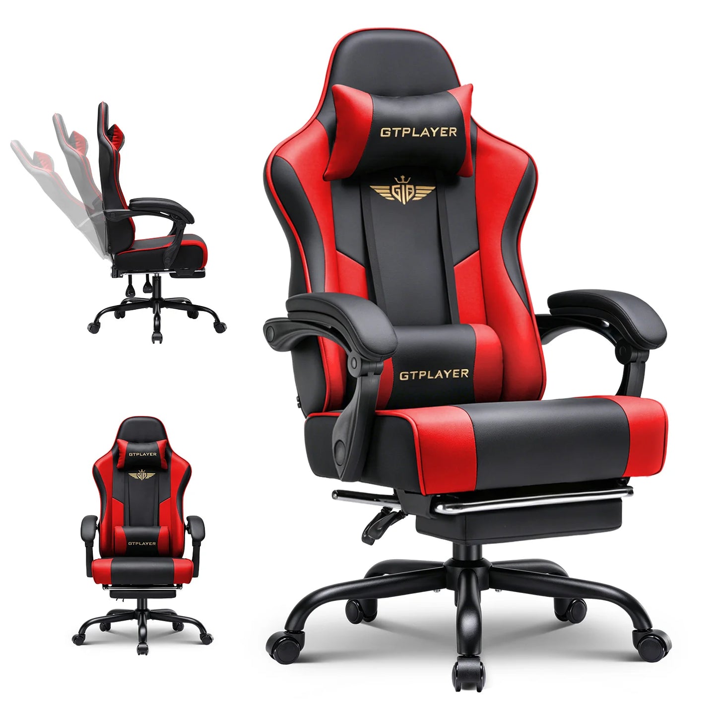 GTPLAYER Gaming chair Chair Gamer armchair-Ergonomic Gamer chair Height Adjustable Padded Gaming chair with Footrest Headrest and Lordo Support