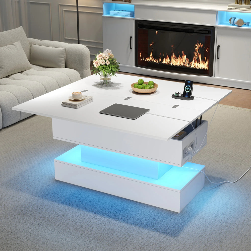 Coffee table with LED, socket & USB-C, Lift & height adjustable living room table with storage space, multifunctional sofa table & side table