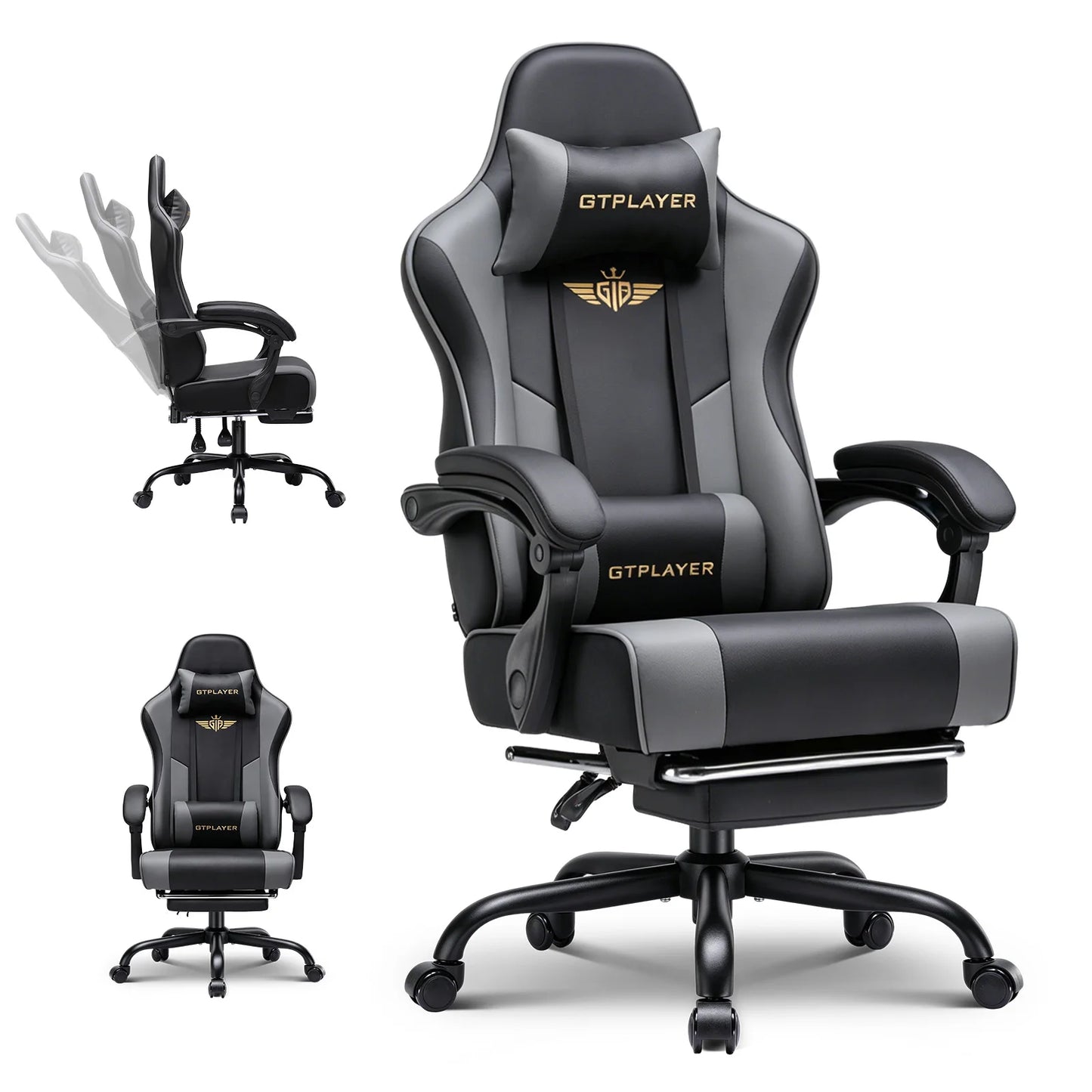 GTPLAYER Gaming chair Chair Gamer armchair-Ergonomic Gamer chair Height Adjustable Padded Gaming chair with Footrest Headrest and Lordo Support