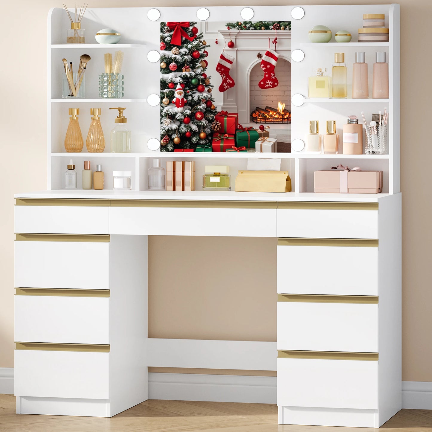 Dressing Table with 10 LED Light Balls,Adjustable Brightness,Large HD Mirror,1 Large Drawer and 8 Small Drawer Cabinets