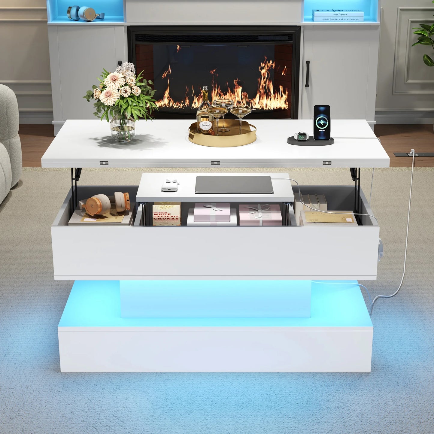 Coffee table with LED, socket & USB-C, Lift & height adjustable living room table with storage space, multifunctional sofa table & side table