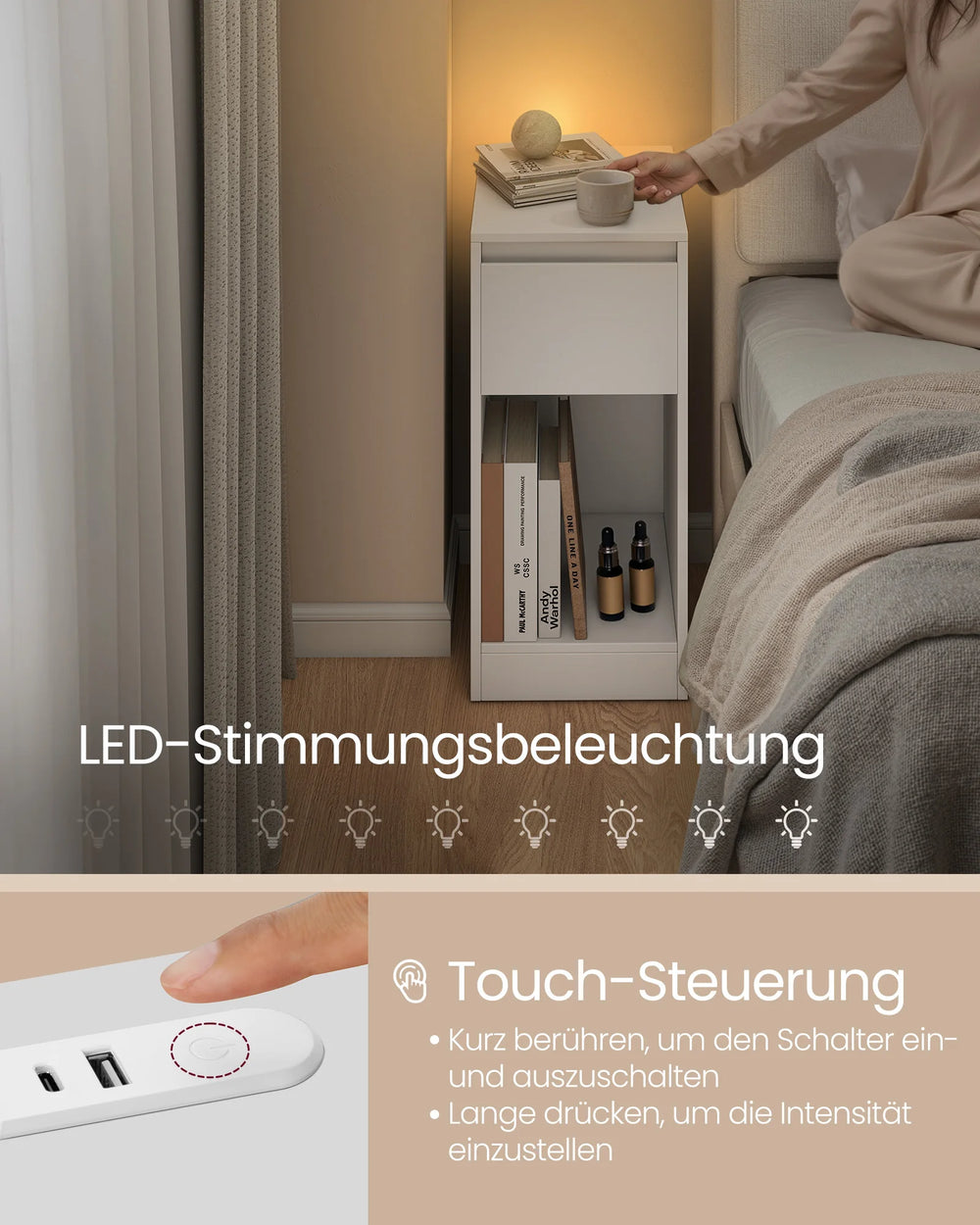 Smal Nachtkastje met LED-verlichting, USB-A & USB-C Aansluiting, Lade en Open Opbergvak – 30 x 25 x 59,5 cm