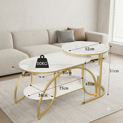 Salontafel - 2-Delig - Marmerlook Tafelblad - Gouden Frame