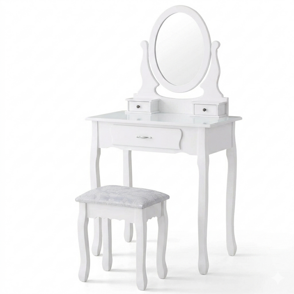 Kunstleren Vanitytafel - Set met Spiegel en Stoel - 3 Laden - Wit