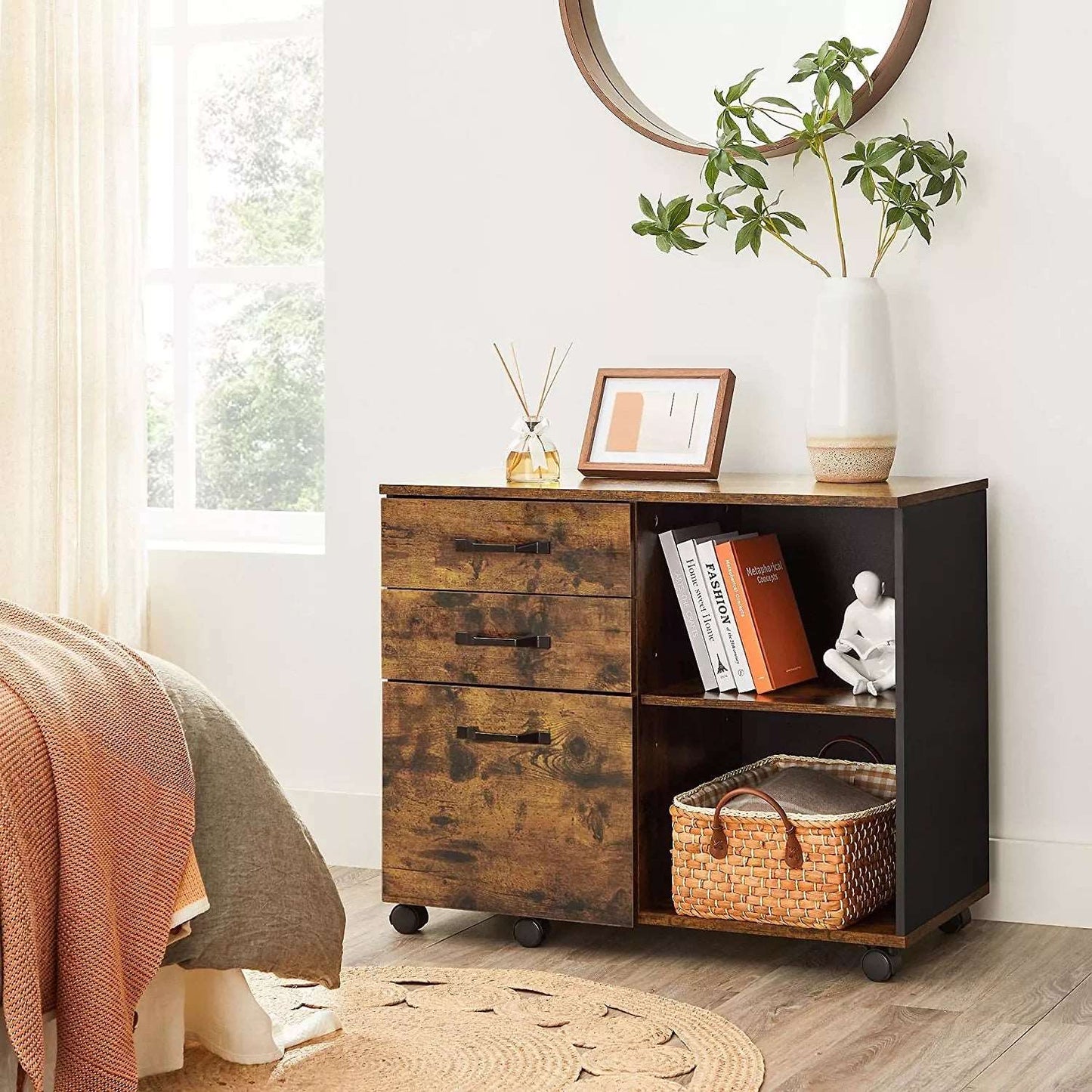 In And OutdoorMatch Archiefkast Ransom - Verrijdbare Container - Verrijdbaar - Met Wielen - 3 Laden - Industriële Stijl - Vintage Bruin/Zwart Kast