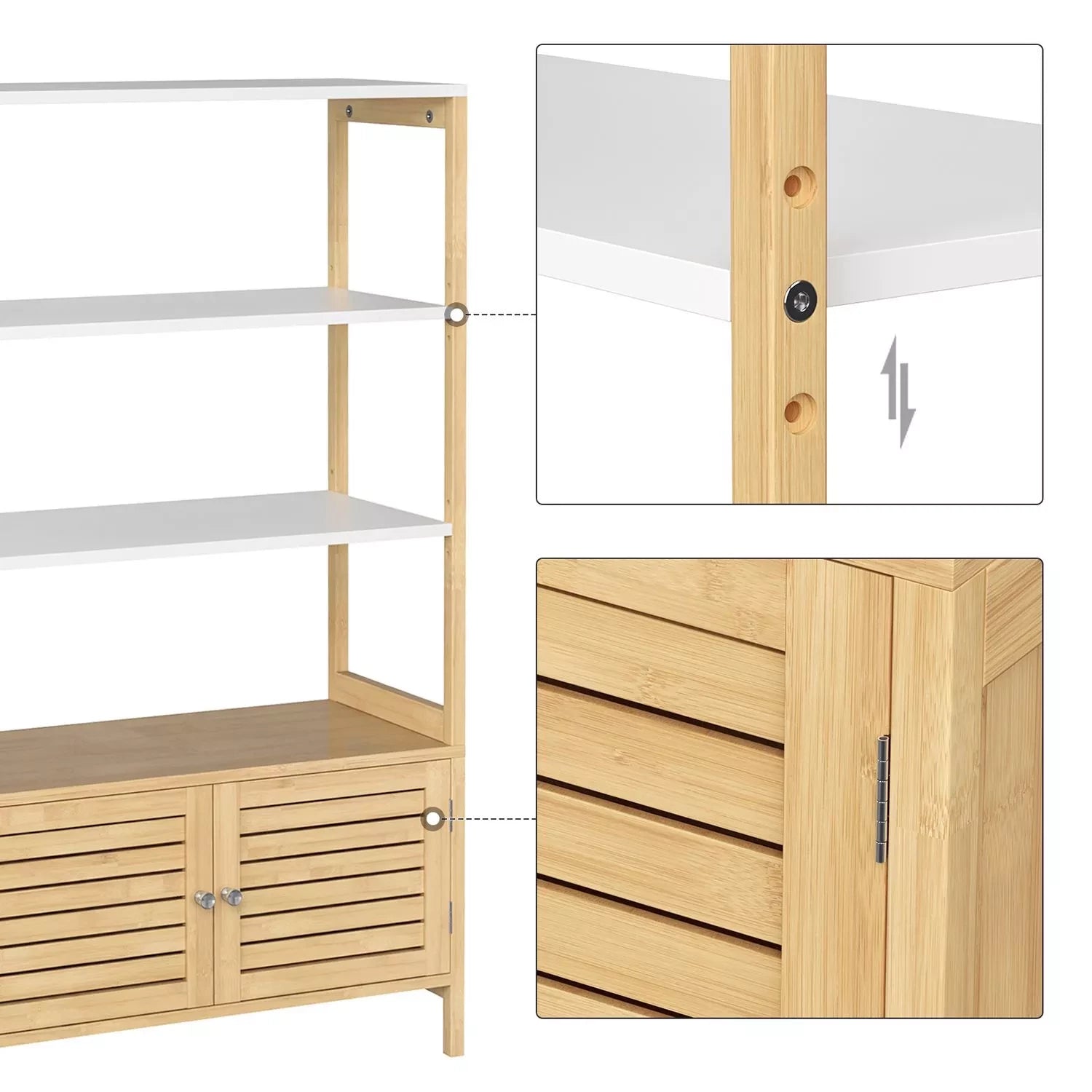 In And OutdoorMatch Badkamerkast Declan - Opbergkast - met 3 Open Compartimenten - 2 Deuren - Bamboe - 70x30x120cm - Wit/Beige Badkamerkast