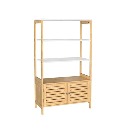 In And OutdoorMatch Badkamerkast Declan - Opbergkast - met 3 Open Compartimenten - 2 Deuren - Bamboe - 70x30x120cm - Wit/Beige Badkamerkast