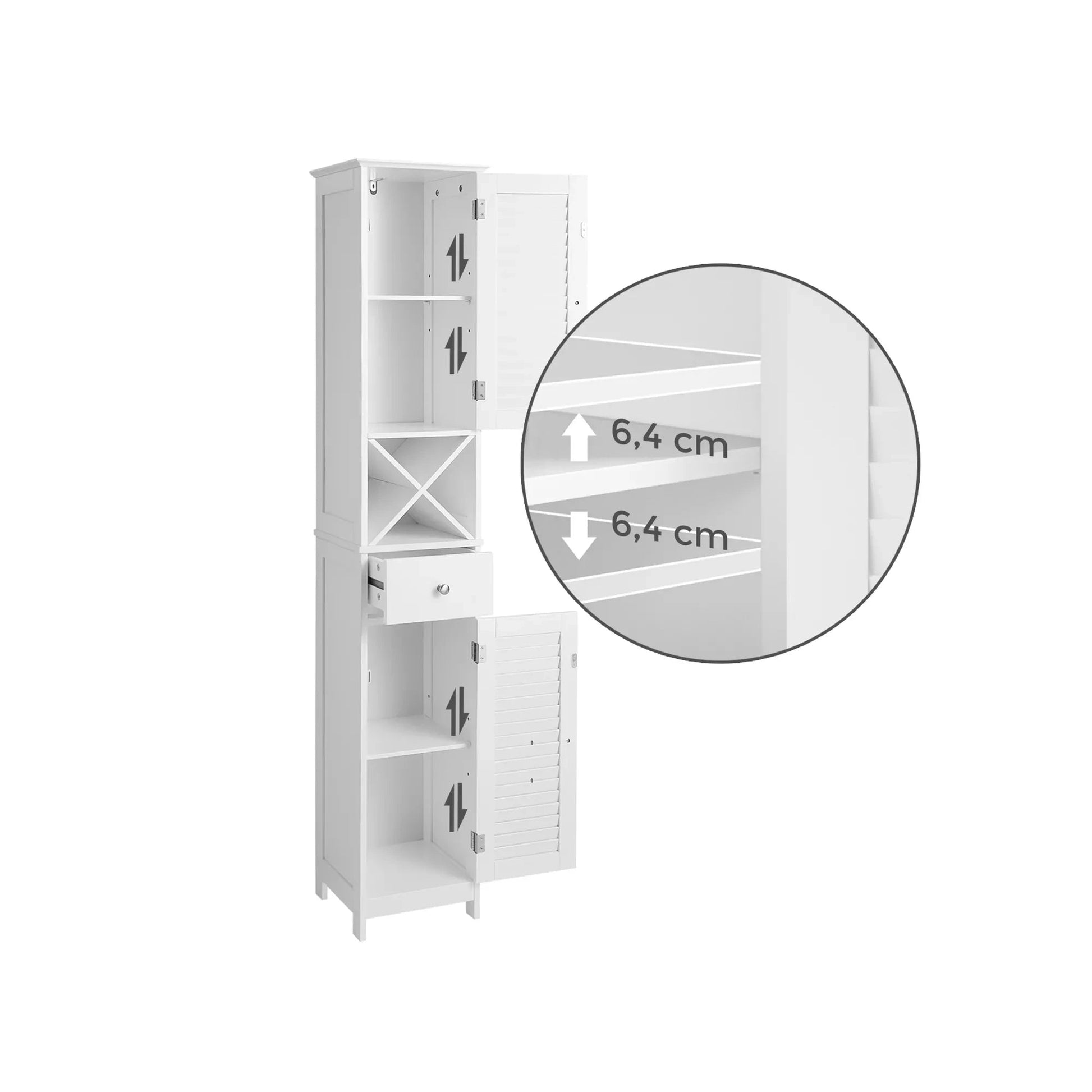 In And OutdoorMatch Badkamerkast Tyrell - Hoge Kast - met 2 Lattendeuren - Opbergkast - met Lade - Uitneembare X-vormige Plank - 32x30x170cm - Scandinavische Stijl - Wit Badkamerkast