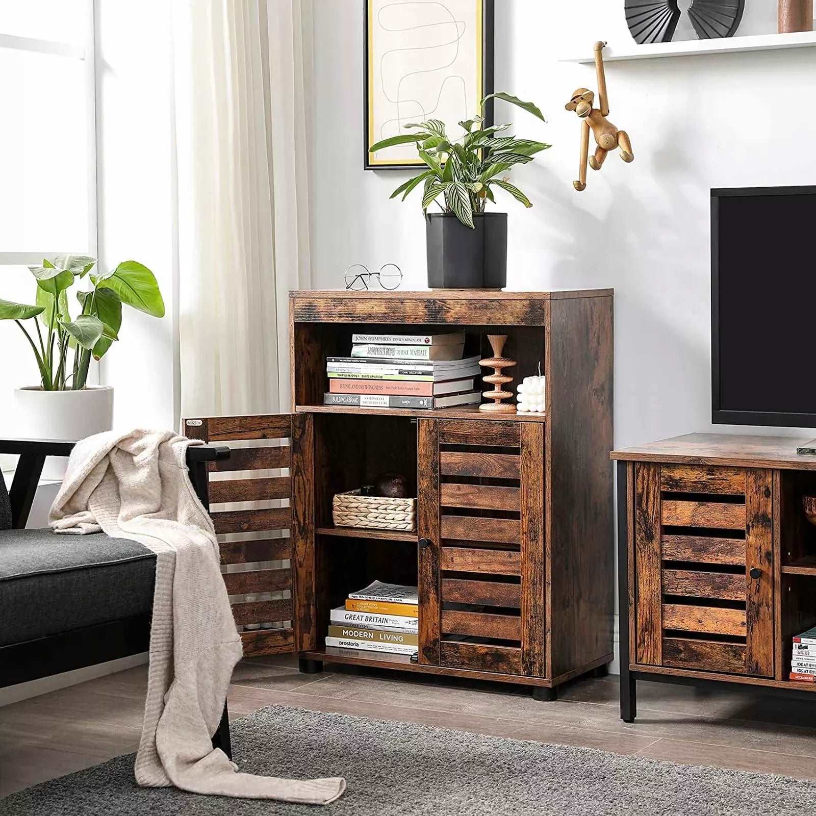 In And OutdoorMatch Badkamerkast Wilbert - 60x30x80cm - Opbergkast - Lattendeuren - Open Compartiment - Verstelbare Planken - Vintage Bruin Badkamerkast