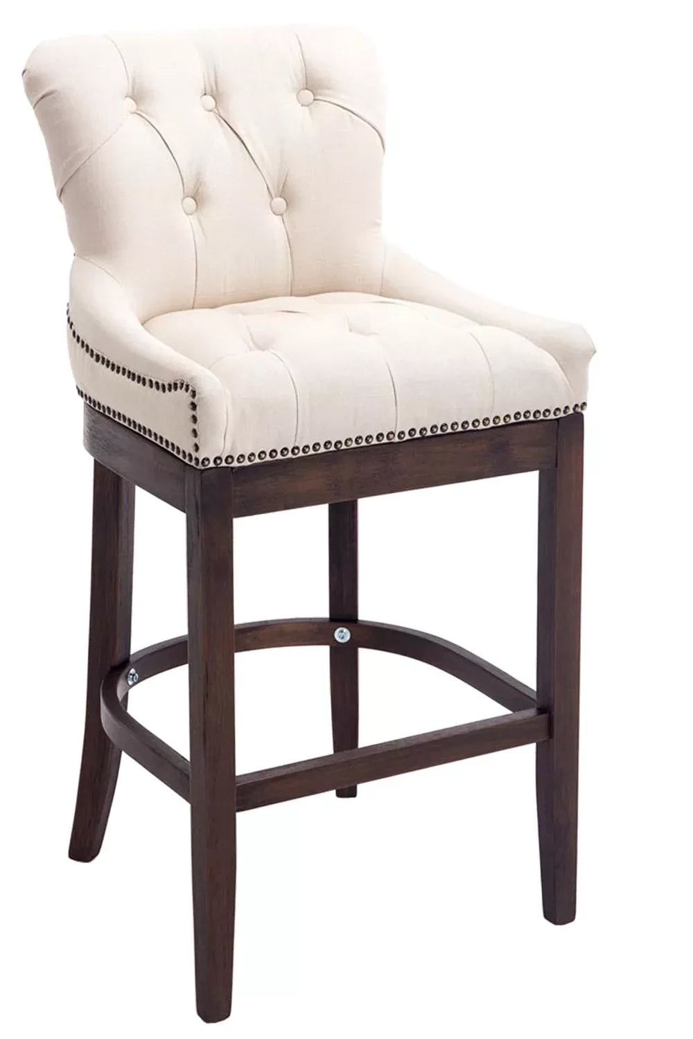 In And OutdoorMatch Barkruk Brando - chesterfield stijl - wit - stof - houten antieke poten - zithoogte 74 cm - met rugleuning en voetensteun - voorzien van messing spijkers - deluxe Barkrukken / hocker