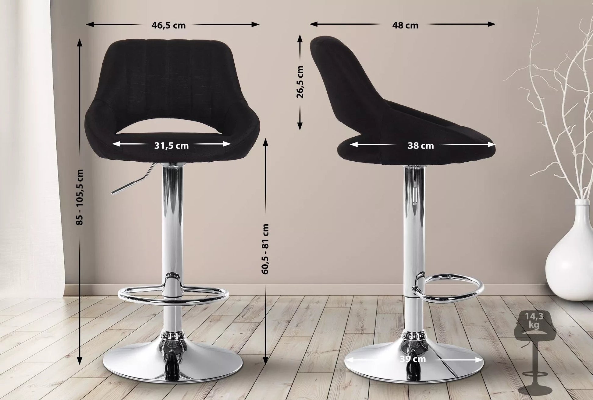 In And OutdoorMatch Barkruk Hipo Zwart chroom Lorenz - Stof - Zithoogte 60-81cm - Ergonomische barstoelen - In hoogte verstelbaar - Set van 1 - Met rugleuning - Voor keuken en bar Barkrukken / hocker