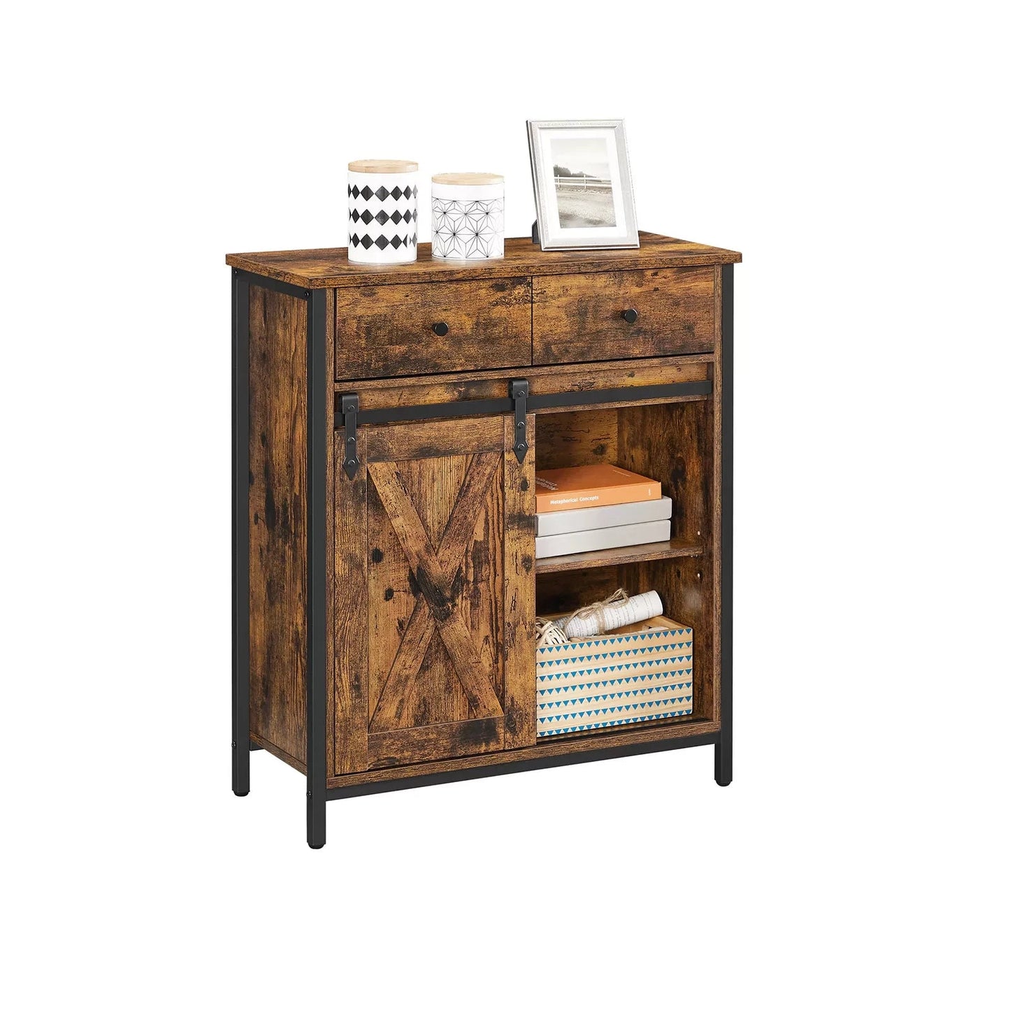 In And OutdoorMatch Bijzetkast Ryley - Dressoir met Planken en Lade - Keukenkast - Ladekast - Met Schuifdeuren - Landhuisstijl - Industrieel Design - Vintage Bruin/Zwart Kast