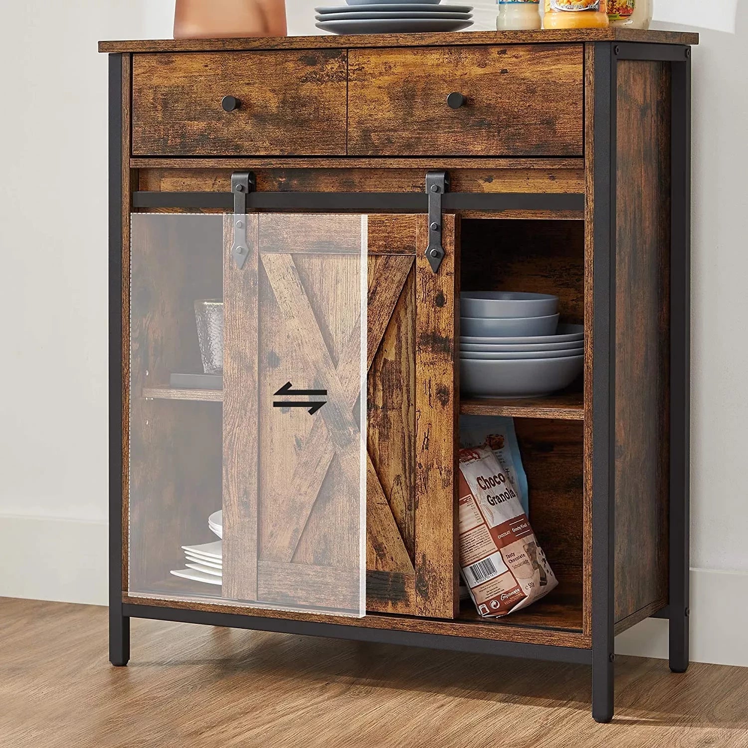 In And OutdoorMatch Bijzetkast Ryley - Dressoir met Planken en Lade - Keukenkast - Ladekast - Met Schuifdeuren - Landhuisstijl - Industrieel Design - Vintage Bruin/Zwart Kast