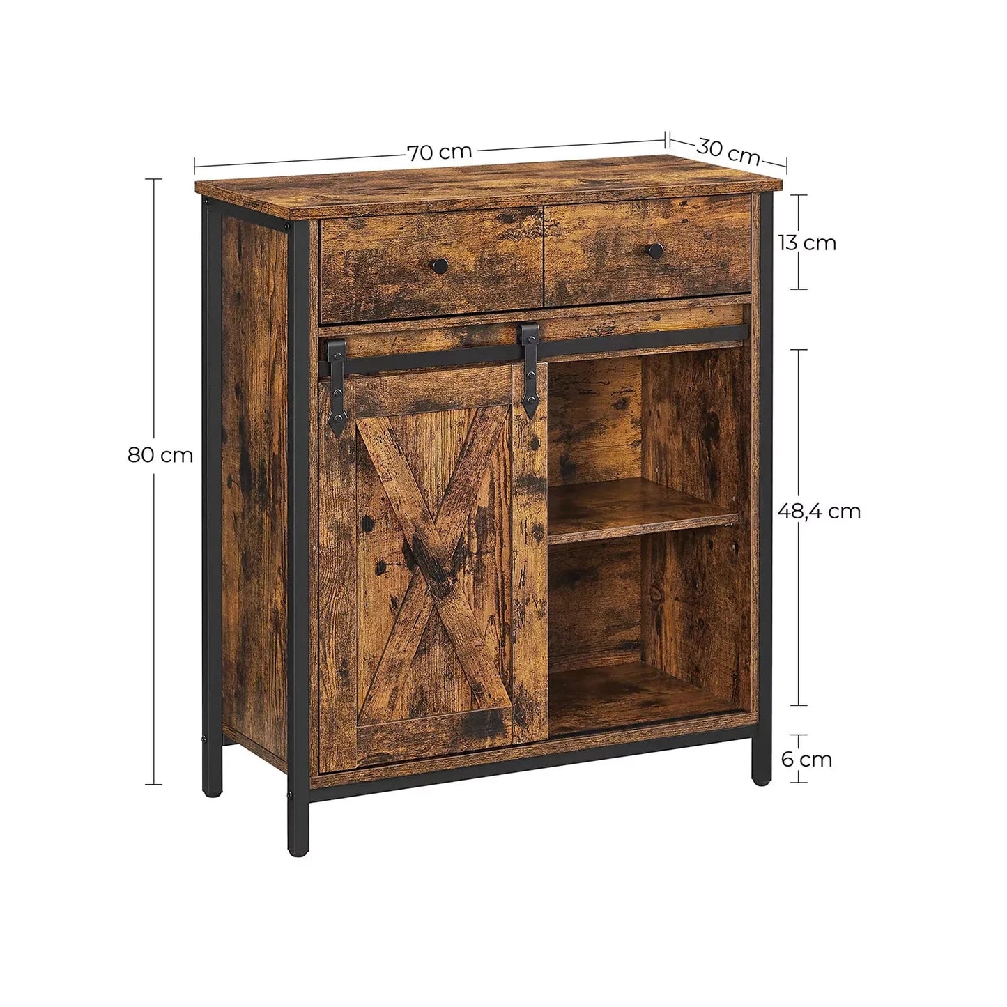 In And OutdoorMatch Bijzetkast Ryley - Dressoir met Planken en Lade - Keukenkast - Ladekast - Met Schuifdeuren - Landhuisstijl - Industrieel Design - Vintage Bruin/Zwart Kast