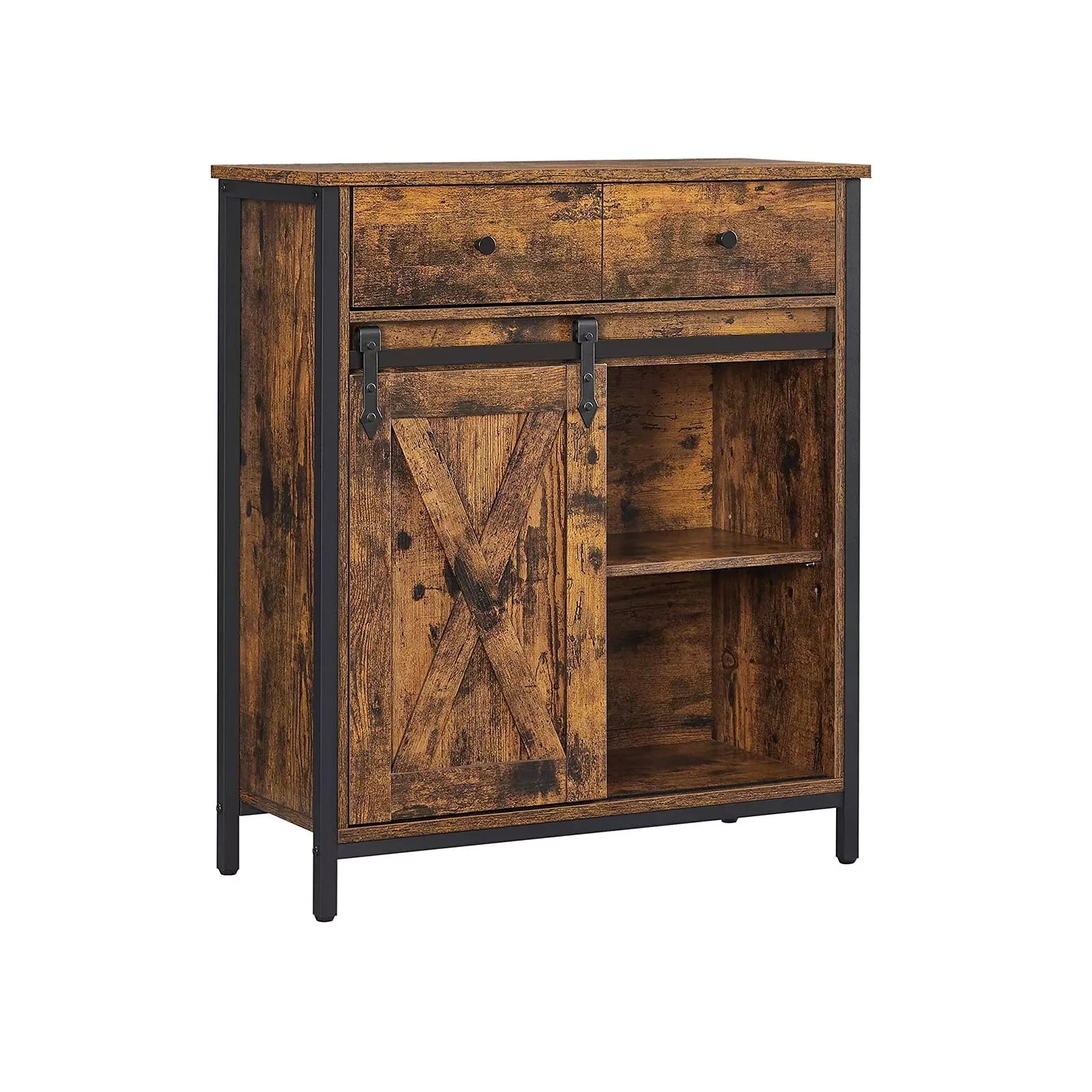 In And OutdoorMatch Bijzetkast Ryley - Dressoir met Planken en Lade - Keukenkast - Ladekast - Met Schuifdeuren - Landhuisstijl - Industrieel Design - Vintage Bruin/Zwart Kast