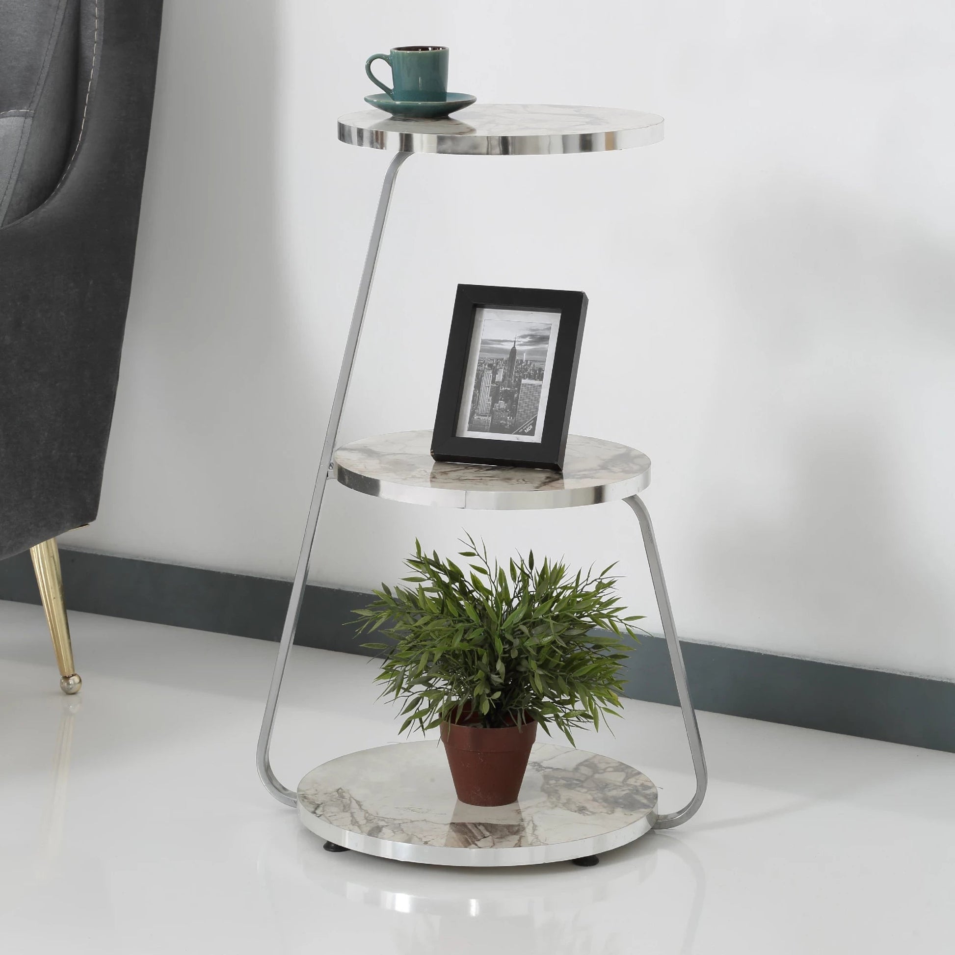 In And OutdoorMatch Bijzettafel Kay - 74x46x37cm - Marmer Wit - 3 Planken - Modern Design Bijzetttafel