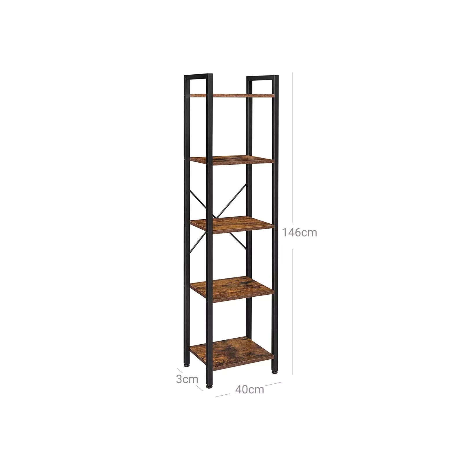 In And OutdoorMatch Boekenkast Charlene - Opbergrek - 5 Lagen - Open Planken - Kantoor - Woonkamer - Slaapkamer - 40x30x146cm - Vintage Bruin/Zwart storage rack