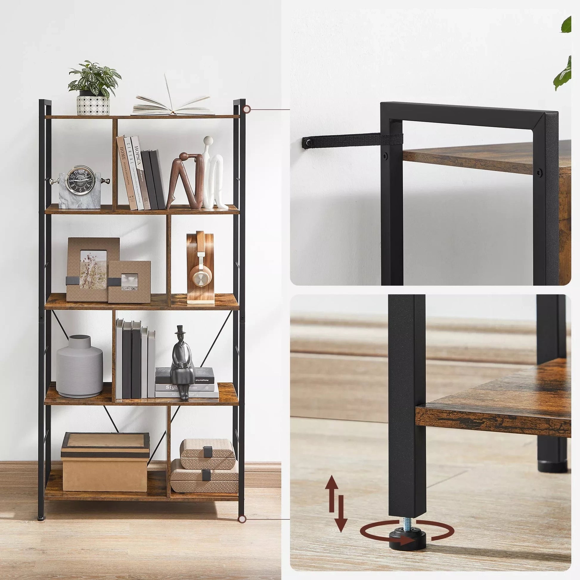 In And OutdoorMatch Boekenkast Sherman - 5 Tier Shelving Unit - Office Shelves - Open Shelves - Industrial Design - Living Room - Bedroom - Office - Study - Home - Office - Vintage Brown/Black Boekenkast