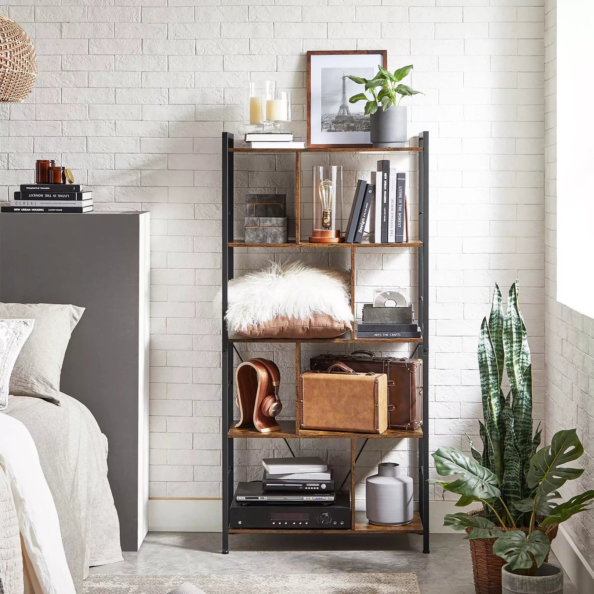 In And OutdoorMatch Boekenkast Sherman - 5 Tier Shelving Unit - Office Shelves - Open Shelves - Industrial Design - Living Room - Bedroom - Office - Study - Home - Office - Vintage Brown/Black Boekenkast